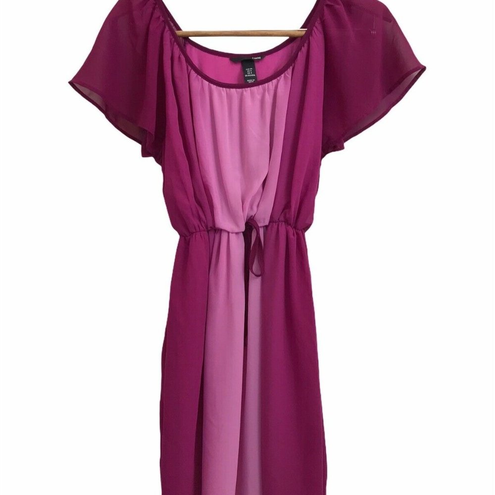 H&M Pink Ombre Short Sleeve Tie Waist Flare Dress
